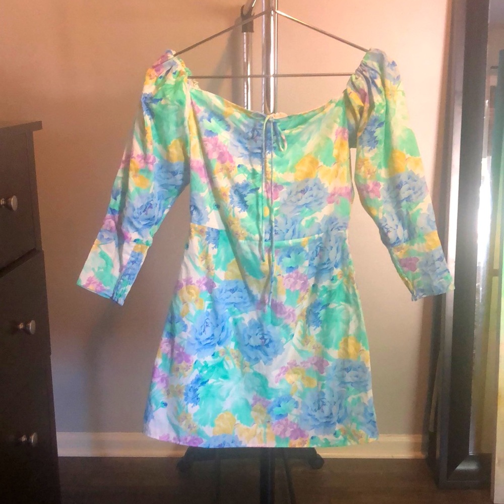 ZARA Floral Puff Shoulder Dress XS